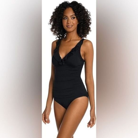 La Blanca Island Goddess Ruffle Black Ruched Slimming One Piece Swimsuit Size 6 - Picture 5 of 12
